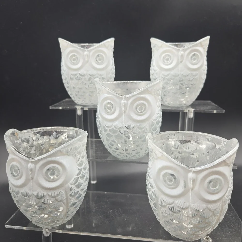 Etched Glass Owl Whitewashed‎ Painted Tealite Votive Candle Holder 3.5